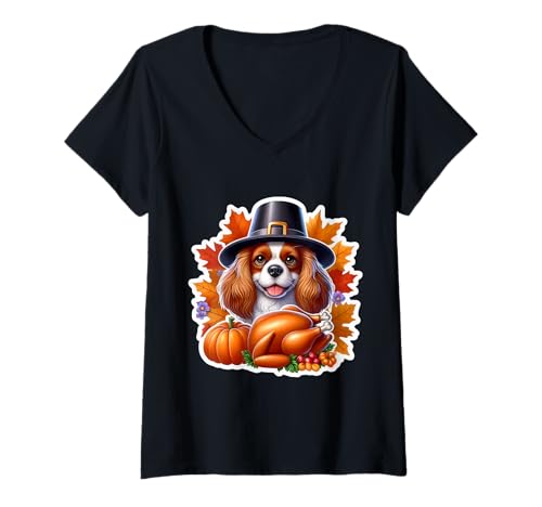 Damen Thanksgiving Cavalier King Charles Spaniel Hundebesitzer lustig T-Shirt mit V-Ausschnitt von Thanksgiving Cavalier King Charles Spaniel Merch