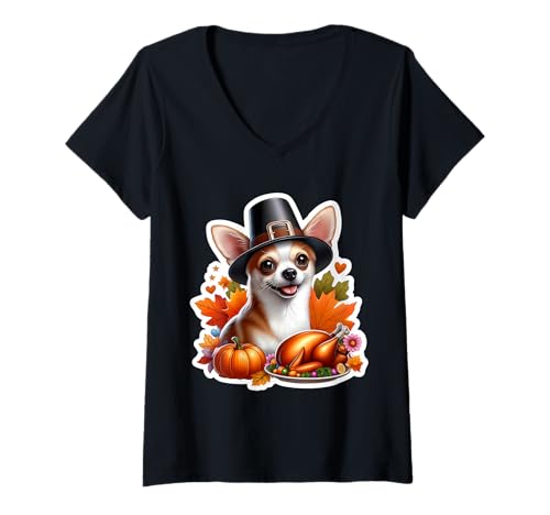 Damen Thanksgiving Chihuahua Hundebesitzer Liebhaber Lustig Pilger Türkei T-Shirt mit V-Ausschnitt Damen Thanksgiving Chihuahua Hundebesitzer Liebhaber Lustig Pilger Türkei T-Shirt mit V-Ausschnitt von Thanksgiving Chihuahua Dog Owner Products