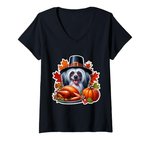 Damen Thanksgiving Chinesischer Schopfhund Besitzer Liebhaber Lustiger Truthahn T-Shirt mit V-Ausschnitt Damen Thanksgiving Chinesischer Schopfhund Besitzer Liebhaber Lustiger Truthahn T-Shirt mit V-Ausschnitt von Thanksgiving Chinese Crested Dog Owner Products