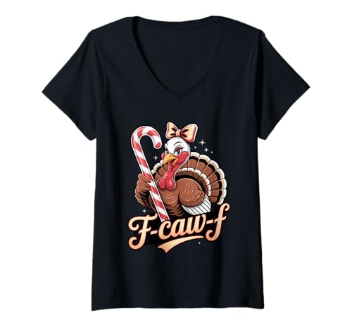 Damen Fcawf Truthahn hält Zuckerstange Lustiges Thanksgiving Mashup T-Shirt mit V-Ausschnitt Damen Fcawf Truthahn hält Zuckerstange Lustiges Thanksgiving Mashup T-Shirt mit V-Ausschnitt von Thanksgiving Christmas Turkey Candy Cane Humor