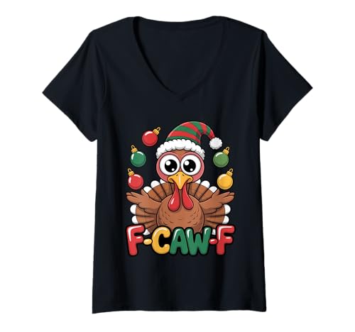 Damen Festliche Truthahn-Weihnachtsmannmütze F CAW F Lustiger Urlaub Crossover T-Shirt mit V-Ausschnitt von Thanksgiving Christmas Turkey Holiday Humor