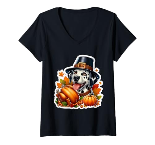 Damen Thanksgiving Dalmatiner Hundebesitzer Liebhaber Lustiger Pilger Türkei T-Shirt mit V-Ausschnitt von Thanksgiving Dalmatian Dog Owner Products