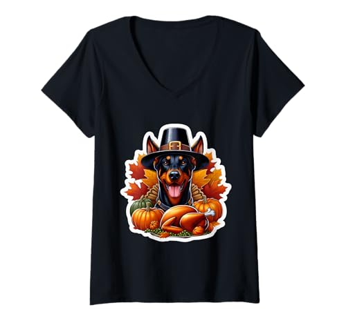 Damen Thanksgiving Dobermann Pinscher Hundebesitzer Liebhaber Lustig Truthahn T-Shirt mit V-Ausschnitt Damen Thanksgiving Dobermann Pinscher Hundebesitzer Liebhaber Lustig Truthahn T-Shirt mit V-Ausschnitt von Thanksgiving Doberman Pinscher Dog Owner Products