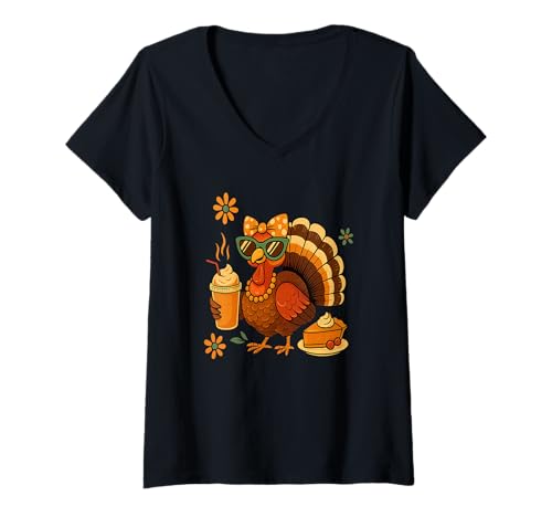 Damen Trinken Kaffee Schleife Thanksgiving Damen Türkei Tag T-Shirt mit V-Ausschnitt Damen Trinken Kaffee Schleife Thanksgiving Damen Türkei Tag T-Shirt mit V-Ausschnitt von Thanksgiving Family Association