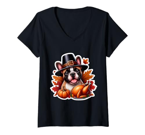 Damen Thanksgiving Französische Bulldogge Hundebesitzer Liebhaber Lustige Türkei T-Shirt mit V-Ausschnitt Damen Thanksgiving Französische Bulldogge Hundebesitzer Liebhaber Lustige Türkei T-Shirt mit V-Ausschnitt von Thanksgiving French Bulldog Dog Owner Products