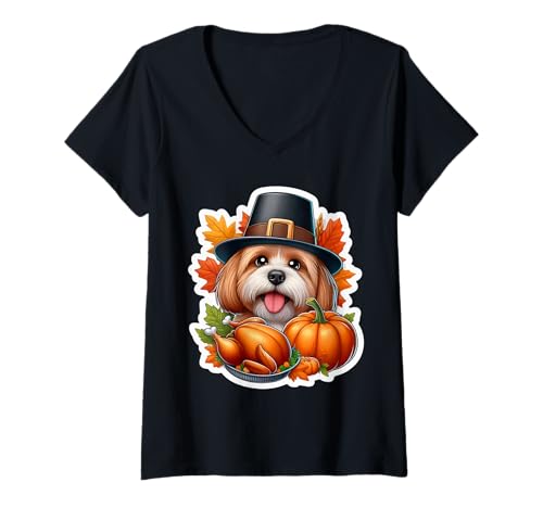 Damen Thanksgiving Havanesischer Hundebesitzer Liebhaber Lustiger Pilger Türkei T-Shirt mit V-Ausschnitt Damen Thanksgiving Havanesischer Hundebesitzer Liebhaber Lustiger Pilger Türkei T-Shirt mit V-Ausschnitt von Thanksgiving Havanese Dog Owner Products