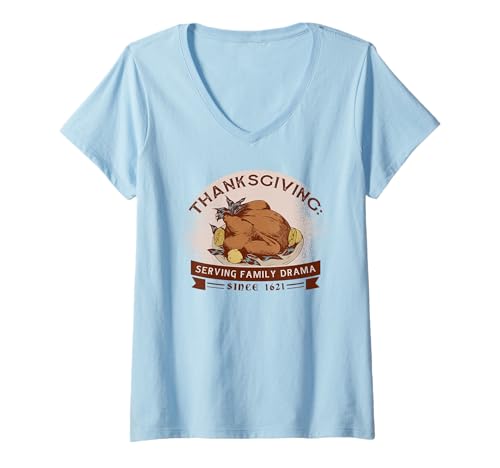 Damen Erntedankfest: Familiendrama seit 1621, Türkei T-Shirt mit V-Ausschnitt Damen Erntedankfest: Familiendrama seit 1621, Türkei T-Shirt mit V-Ausschnitt von Thanksgiving Holiday Funny Apparel