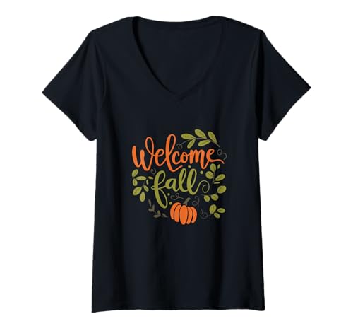 Damen Willkommen Herbst Herbst Vibes Herbst Thanksgiving T-Shirt mit V-Ausschnitt Damen Willkommen Herbst Herbst Vibes Herbst Thanksgiving T-Shirt mit V-Ausschnitt von Thanksgiving Holiday Gifts and Designs