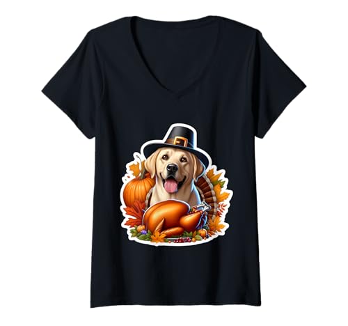 Damen Thanksgiving Labrador Retriever Hundebesitzer Liebhaber Lustig Truthahn T-Shirt mit V-Ausschnitt von Thanksgiving Labrador Retriever Dog Owner Products