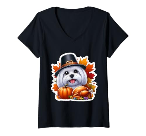 Damen Thanksgiving Malteser Hundebesitzer Liebhaber Lustiger Pilger Türkei T-Shirt mit V-Ausschnitt von Thanksgiving Maltese Dog Owner Products