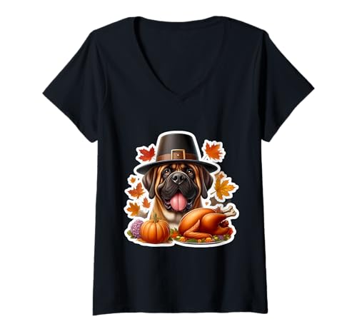 Damen Thanksgiving Mastiff Hundebesitzer Liebhaber Lustiger Pilger Türkei T-Shirt mit V-Ausschnitt Damen Thanksgiving Mastiff Hundebesitzer Liebhaber Lustiger Pilger Türkei T-Shirt mit V-Ausschnitt von Thanksgiving Mastiff Dog Owner Products