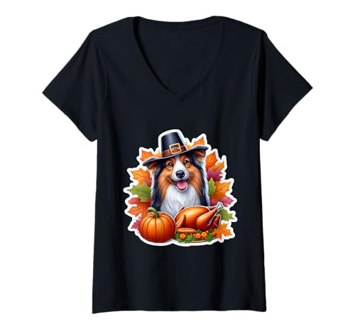 Damen Thanksgiving Miniatur American Shepherd Dog Owner Funny T-Shirt mit V-Ausschnitt Damen Thanksgiving Miniatur American Shepherd Dog Owner Funny T-Shirt mit V-Ausschnitt von Thanksgiving Miniature American Shepherd Products
