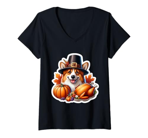 Damen Thanksgiving Pembroke Welsh Corgi Hundebesitzer-Liebhaber, lustig und niedlich T-Shirt mit V-Ausschnitt Damen Thanksgiving Pembroke Welsh Corgi Hundebesitzer-Liebhaber, lustig und niedlich T-Shirt mit V-Ausschnitt von Thanksgiving Pembroke Welsh Corgi Dog Products