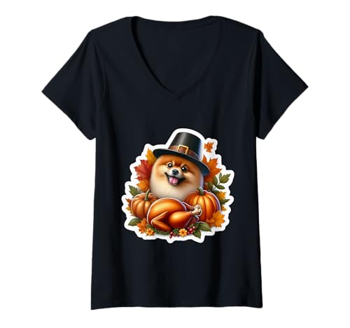 Damen Pommerscher Hundebesitzer-Liebhaber zum Erntedankfest, lustiger Pilger-Türkei T-Shirt mit V-Ausschnitt Damen Pommerscher Hundebesitzer-Liebhaber zum Erntedankfest, lustiger Pilger-Türkei T-Shirt mit V-Ausschnitt von Thanksgiving Pomeranian Dog Owner Products