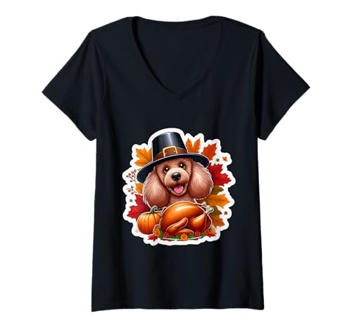Damen Thanksgiving Pudel Hund Besitzer Liebhaber Lustiger Pilger Türkei T-Shirt mit V-Ausschnitt Damen Thanksgiving Pudel Hund Besitzer Liebhaber Lustiger Pilger Türkei T-Shirt mit V-Ausschnitt von Thanksgiving Poodle Dog Owner Products