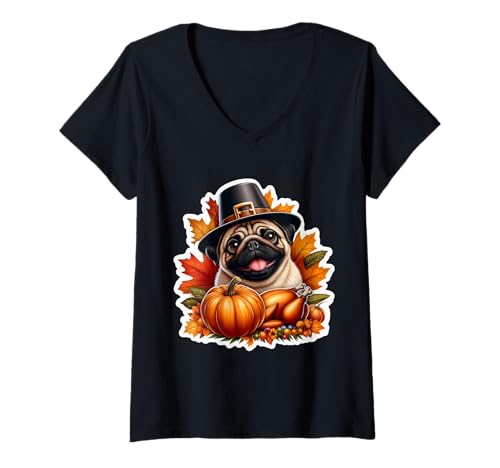 Damen Thanksgiving Mops Hund Besitzer Liebhaber Lustiger Pilger Türkei Mama T-Shirt mit V-Ausschnitt von Thanksgiving Pug Dog Owner Products