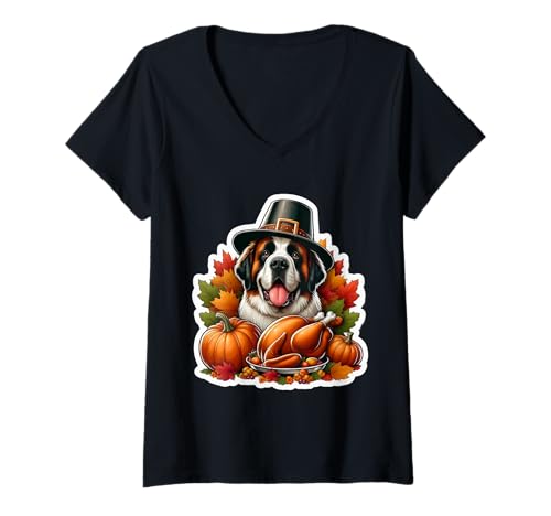 Damen Thanksgiving Bernhardiner Hundebesitzer Liebhaber lustig Truthahn niedlich T-Shirt mit V-Ausschnitt von Thanksgiving Saint Bernard Dog Owner Products