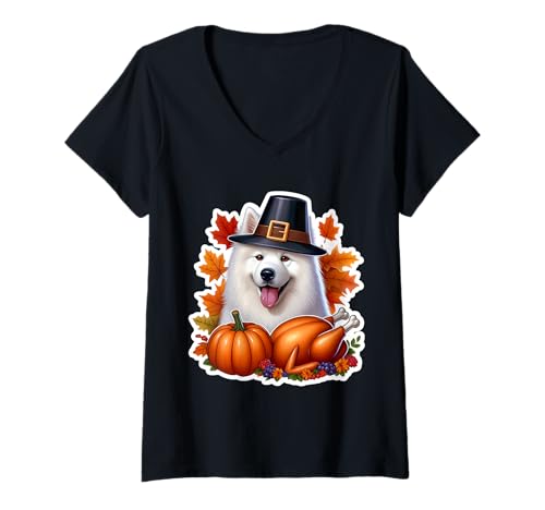 Damen Thanksgiving Samojeden Hundebesitzer Liebhaber Lustiger Pilger Türkei T-Shirt mit V-Ausschnitt von Thanksgiving Samoyed Dog Owner Products