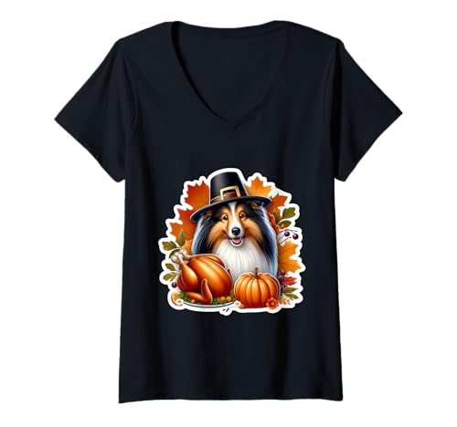 Damen Thanksgiving Shetland Sheepdog Hundebesitzer Lover Lustiger Truthahn T-Shirt mit V-Ausschnitt Damen Thanksgiving Shetland Sheepdog Hundebesitzer Lover Lustiger Truthahn T-Shirt mit V-Ausschnitt von Thanksgiving Shetland Sheepdog Dog Owner Products
