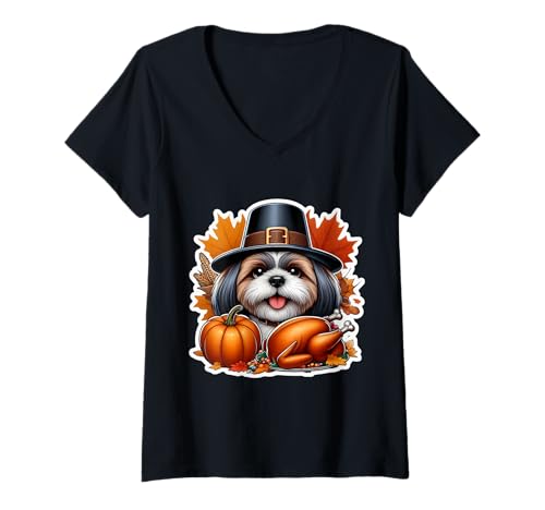 Damen Thanksgiving Shih Tzu Hundebesitzer Liebhaber Lustiger Pilger Türkei T-Shirt mit V-Ausschnitt von Thanksgiving Shih Tzu Dog Owner Products