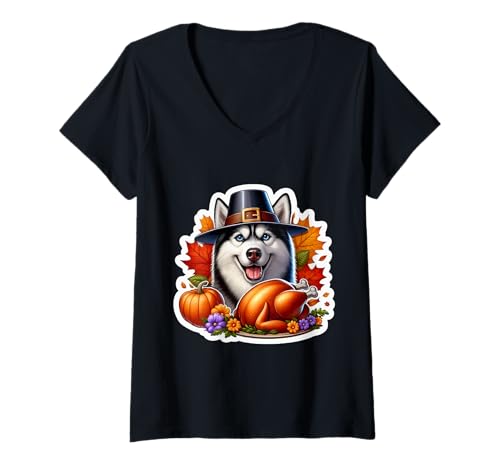 Damen Thanksgiving Sibirischer Husky Hund Besitzer Liebhaber Lustige Türkei Mama T-Shirt mit V-Ausschnitt Damen Thanksgiving Sibirischer Husky Hund Besitzer Liebhaber Lustige Türkei Mama T-Shirt mit V-Ausschnitt von Thanksgiving Siberian Husky Dog Owner Products