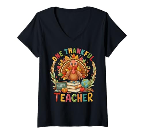 Damen One Thankful Teacher Herbstsaison Thanksgiving Türkei Herbst T-Shirt mit V-Ausschnitt Damen One Thankful Teacher Herbstsaison Thanksgiving Türkei Herbst T-Shirt mit V-Ausschnitt von Thanksgiving Teacher School WomenMen Shirt