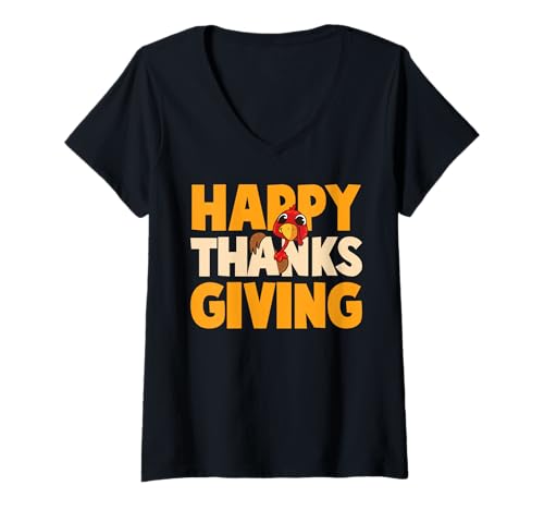 Damen Happy Thanksgiving T-Shirt mit V-Ausschnitt von Thanksgiving Türkei