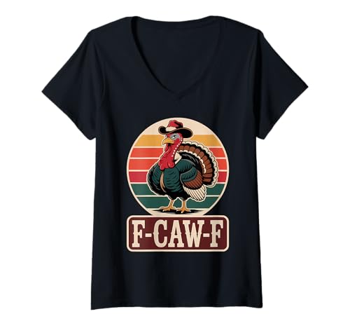 Damen Lustiger Thanksgiving Truthahn Cowboy F CAW F Retro Sonnenuntergang T-Shirt mit V-Ausschnitt Damen Lustiger Thanksgiving Truthahn Cowboy F CAW F Retro Sonnenuntergang T-Shirt mit V-Ausschnitt von Thanksgiving Turkey Cowboy Retro Humor Vintage
