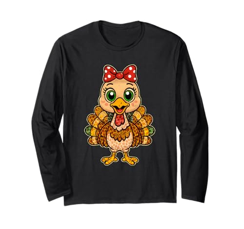 Frauen Mädchen Kind Thanksgiving Truthahn Leopard Print Herbst Herbst Langarmshirt von Thanksgiving Turkey Leopard Autumn Fall
