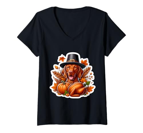 Damen Thanksgiving Vizsla, Hundebesitzerin, Liebhaberin, lustige Pilgermutter, Türkei T-Shirt mit V-Ausschnitt von Thanksgiving Vizsla Dog Owner Products