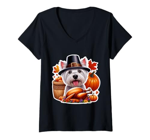 Damen Thanksgiving West Highland White Terrier Hundebesitzerin Lustige Mama T-Shirt mit V-Ausschnitt Damen Thanksgiving West Highland White Terrier Hundebesitzerin Lustige Mama T-Shirt mit V-Ausschnitt von Thanksgiving West Highland White Terrier Products
