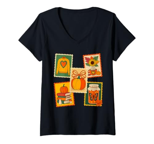 Damen Herbst Kürbis Briefmarkenfeeling Erntedankfest T-Shirt mit V-Ausschnitt von Thanksgiving postage stamps