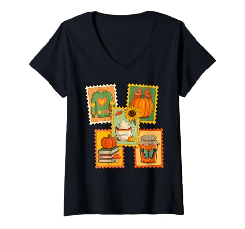 Damen Herbst Kürbis Briefmarkenfeeling Erntedankfest T-Shirt mit V-Ausschnitt von Thanksgiving postage stamps