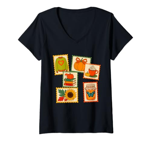 Damen Herbst Kürbis Briefmarkenfeeling Erntedankfest T-Shirt mit V-Ausschnitt von Thanksgiving postage stamps