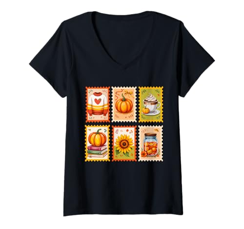 Damen Herbst Kürbis Briefmarkenfeeling Erntedankfest T-Shirt mit V-Ausschnitt von Thanksgiving postage stamps