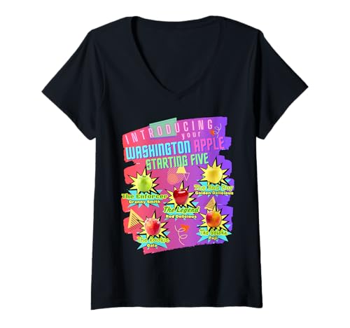 Damen Apple Starting Five - Retro 90er Jahre Sport-Parodie für Fruchtfans T-Shirt mit V-Ausschnitt Damen Apple Starting Five - Retro 90er Jahre Sport-Parodie für Fruchtfans T-Shirt mit V-Ausschnitt von That's So Rad, Dude!