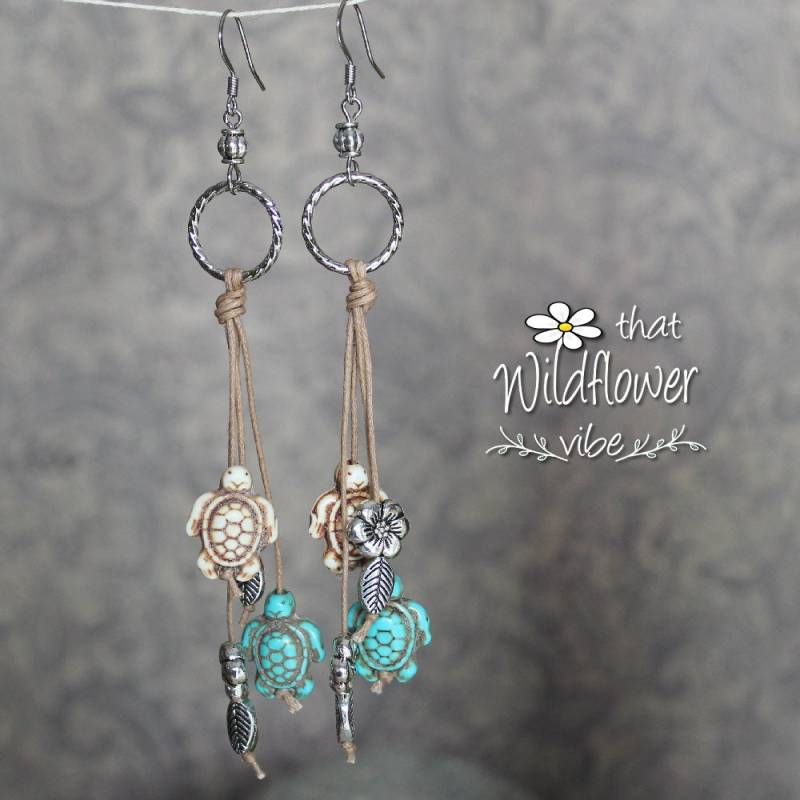 Ohrringe, Strand, Türkis Schildkröte Und Blumenohrringe, Ohrhänger, Boho, Kordel Ohrringe Ohrringe, Strand, Türkis Schildkröte Und Blumenohrringe, Ohrhänger, Boho, Kordel Ohrringe von ThatWildflowerVibe