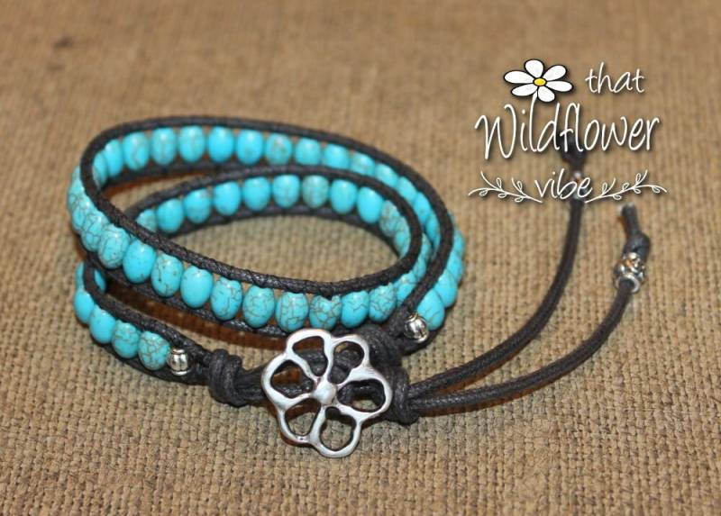 Türkis Double Wrap Armband, Perlen, Und Silber, Boho Natürliche Blume Armband von ThatWildflowerVibe