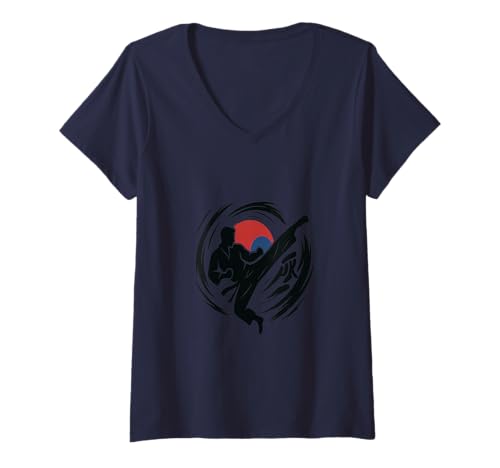 Damen Taekwondo Flying Kick Grafik T-Shirt mit V-Ausschnitt Damen Taekwondo Flying Kick Grafik T-Shirt mit V-Ausschnitt von The 18 Club