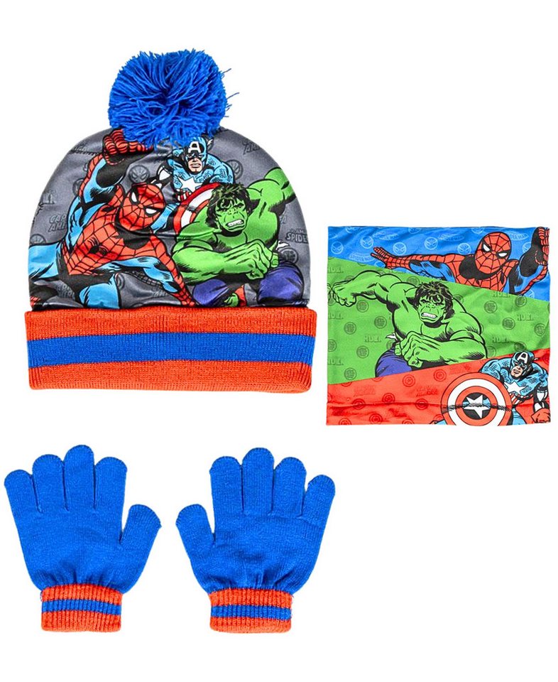 The AVENGERS Bommelmütze MARVEL (3-St) Jungen Winter-Set Mütze, Schlauchschal & Handschuhe Einheitsgröße von The AVENGERS