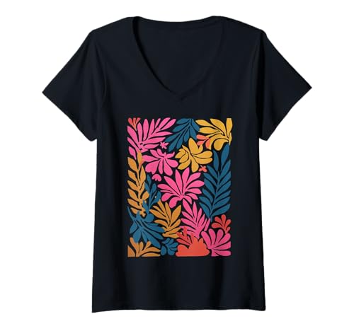 Damen Abstraktes botanisches Muster, Moderne Kunst, Matisse-Stil T-Shirt mit V-Ausschnitt von The Abstract Garden