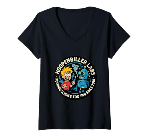 Damen Mad Science Lab Roboter, lustige Cartoon-Grafik T-Shirt mit V-Ausschnitt Damen Mad Science Lab Roboter, lustige Cartoon-Grafik T-Shirt mit V-Ausschnitt von The Adventures of Danny Hoopenbiller Book Series