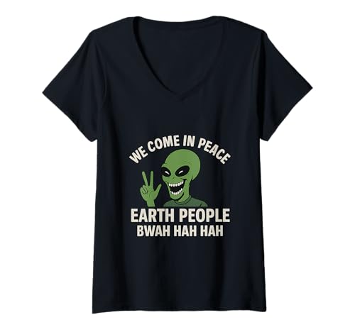 Damen Wir kommen in Frieden Erde Leute Bwah Hah Hah T-Shirt mit V-Ausschnitt Damen Wir kommen in Frieden Erde Leute Bwah Hah Hah T-Shirt mit V-Ausschnitt von The Adventures of Danny Hoopenbiller Book Series