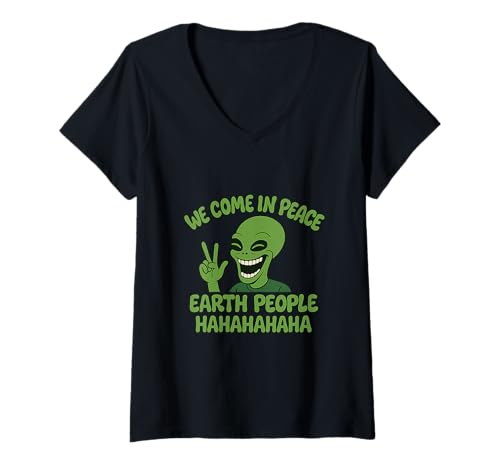 Damen Wir kommen in Frieden Erde Leute Bwah Hah Hah T-Shirt mit V-Ausschnitt Damen Wir kommen in Frieden Erde Leute Bwah Hah Hah T-Shirt mit V-Ausschnitt von The Adventures of Danny Hoopenbiller Book Series