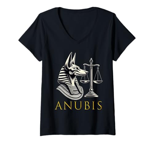 Damen Anubis Ägyptischer Gott Mythologie Gerechtigkeit Waage Kunstwerk T-Shirt mit V-Ausschnitt von The Ancient Egypt Store