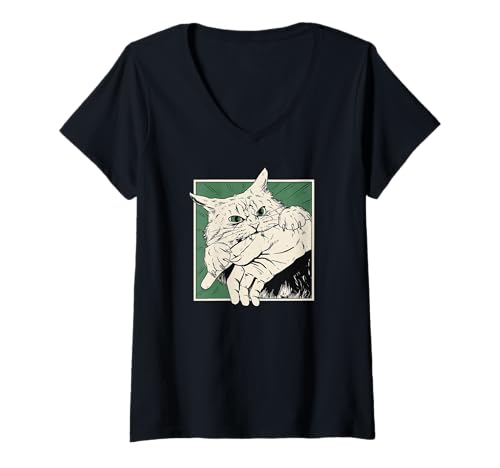 Damen Cat Bite Retro Horror Grafik Japanisch Manga Style Lustig T-Shirt mit V-Ausschnitt von The Art of Print by MCMA - Digitally Enhanced Art