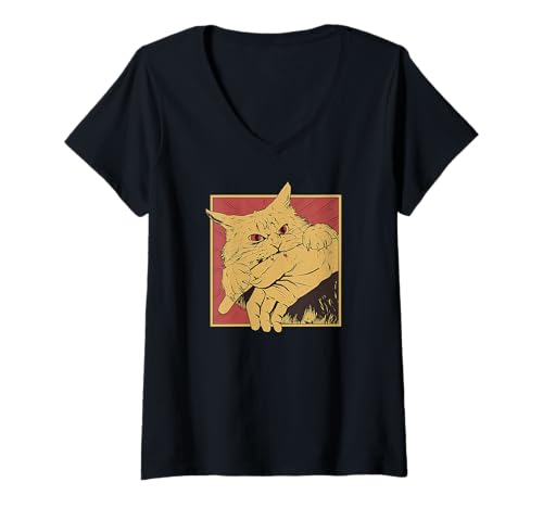 Damen Cat Bite Retro Horror Grafik Japanisch Manga Style Lustig T-Shirt mit V-Ausschnitt Damen Cat Bite Retro Horror Grafik Japanisch Manga Style Lustig T-Shirt mit V-Ausschnitt von The Art of Print by MCMA - Digitally Enhanced Art