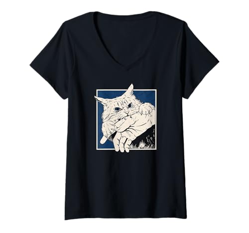 Damen Cat Bite Retro Horror Grafik Japanisch Manga Style Lustig T-Shirt mit V-Ausschnitt von The Art of Print by MCMA - Digitally Enhanced Art