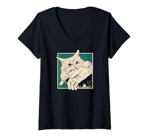 Damen Cat Bite Retro Horror Grafik Japanisch Manga Style Lustig T-Shirt mit V-Ausschnitt Damen Cat Bite Retro Horror Grafik Japanisch Manga Style Lustig T-Shirt mit V-Ausschnitt von The Art of Print by MCMA - Digitally Enhanced Art