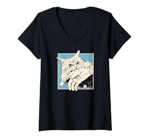 Damen Cat Bite Retro Horror Grafik Japanisch Manga Style Lustig T-Shirt mit V-Ausschnitt von The Art of Print by MCMA - Digitally Enhanced Art